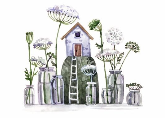 Watercolor cottage with thatched roof and ladder on a mossy hill surrounded by glass jars of wildflowers
