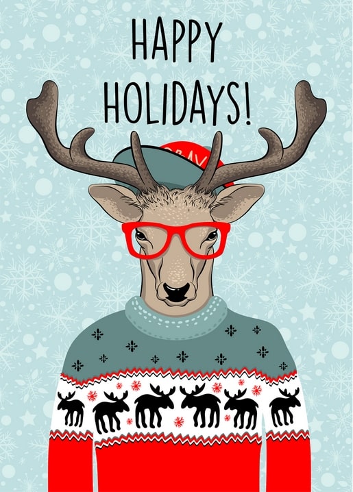 Illustrated deer wearing red glasses, a cap and a moose-print Christmas sweater