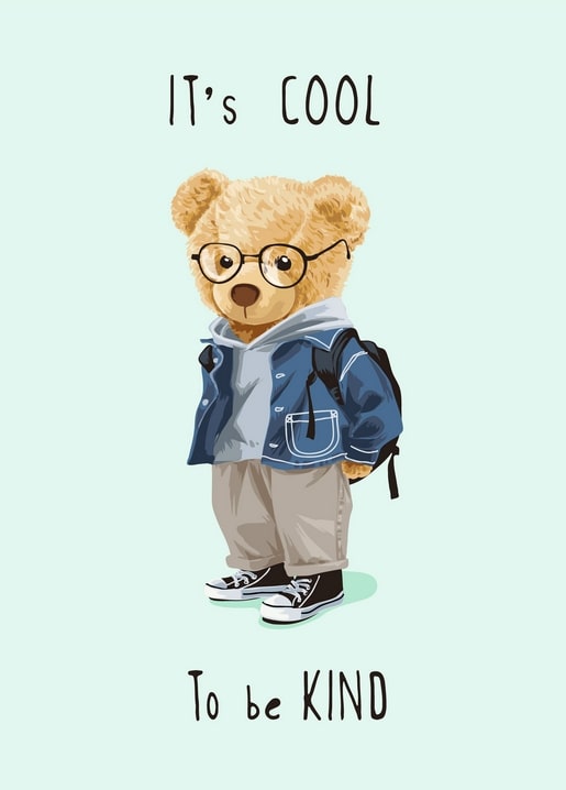 Illustrierter Teddybär mit Brille, Jeansjacke und Rucksack auf mintgrünem Hintergrund