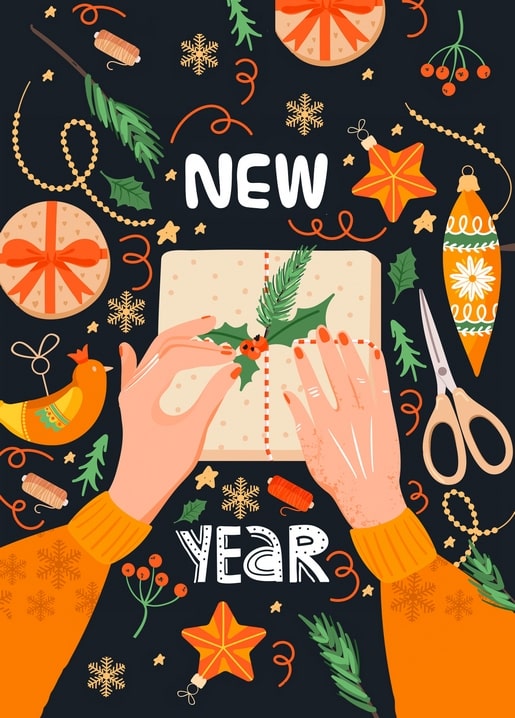happy new year and christmas greeting postcards