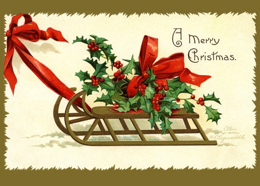 Дерев'яні санчата з гостролистом і червоною стрічкою під написом A Merry Christmas