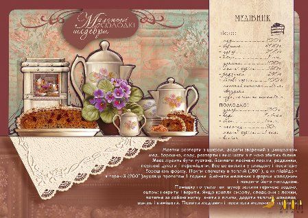 Postkarten-Stillleben mit Honigkuchen, Teekanne, Veilchen und handgeschriebenem Rezept