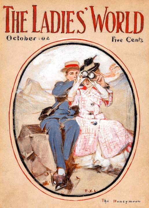 Sepia illustration of a honeymoon couple sharing binoculars, from The Ladies' World cover