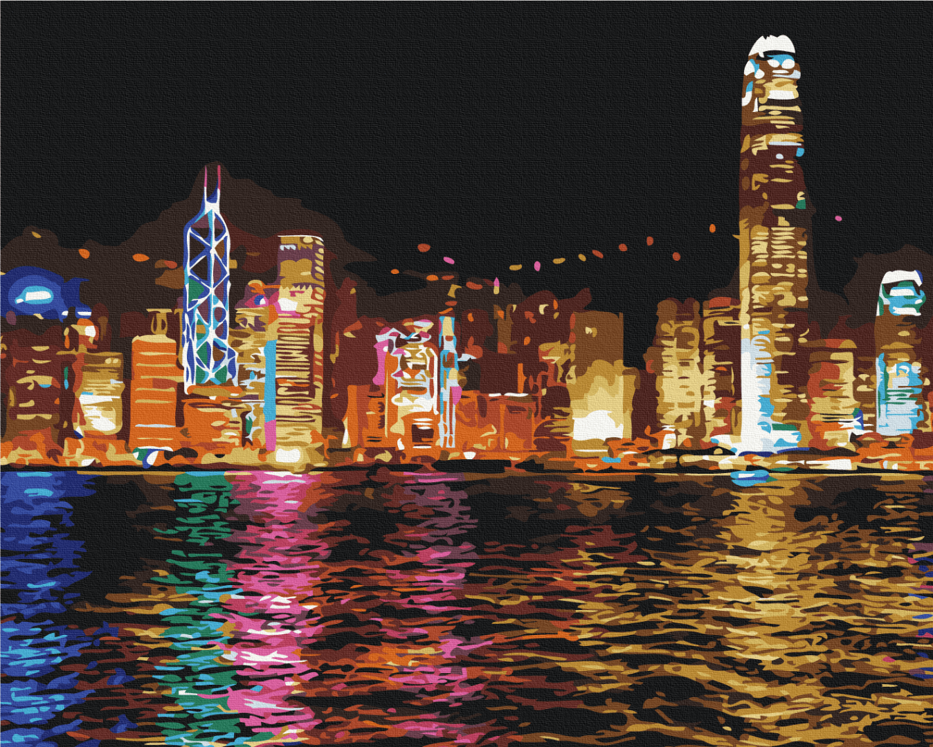 Paint-by-numbers scene of Hong Kong's Victoria Harbour skyline lit up at night with colorful water reflections