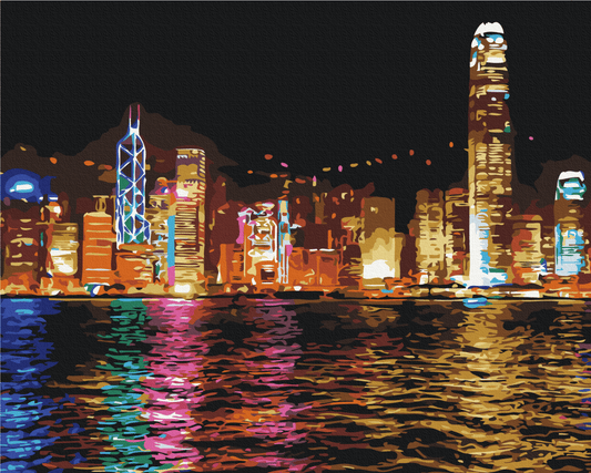 Paint-by-numbers scene of Hong Kong's Victoria Harbour skyline lit up at night with colorful water reflections