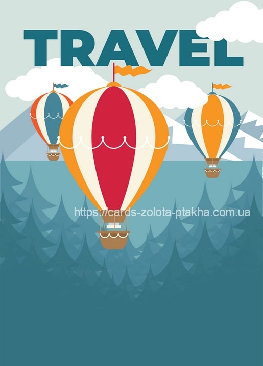 Postkarten-Illustration mit drei Heißluftballons über Wald und Bergen