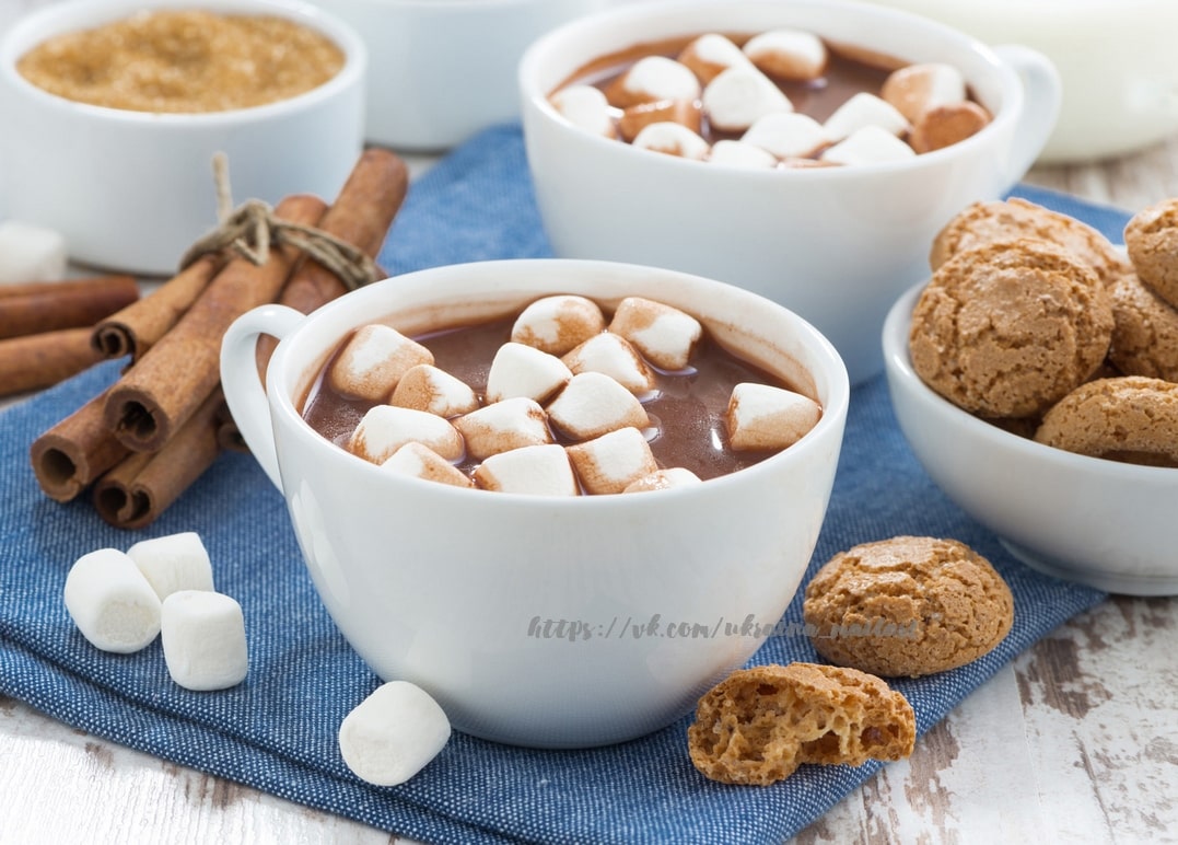 Drei Tassen heiße Schokolade mit Marshmallows, Zimtstangen und Amaretti-Keksen