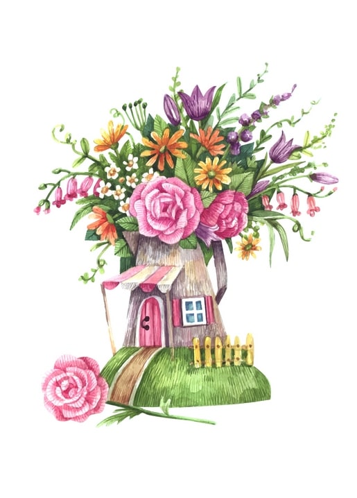 Watercolor house at the base of a flower jug with pink roses, purple tulips, and orange daisies
