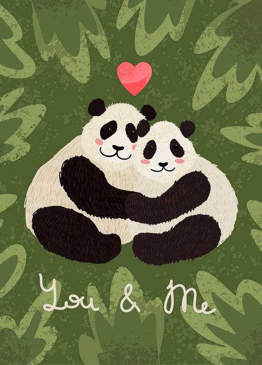 Zwei Pandas umarmen sich unter einem roten Herzen vor grünem Blattmuster-Hintergrund