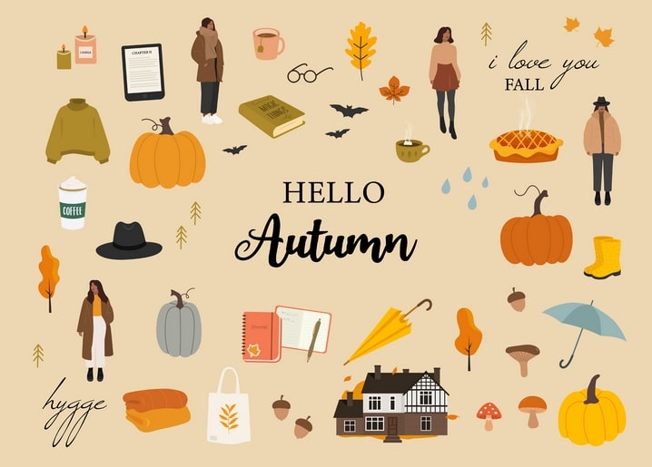Flat-Lay-Collage mit Hygge-Herbstsymbolen: Kaffee, Kerzen, Kürbisse, Bücher und Regenschirme