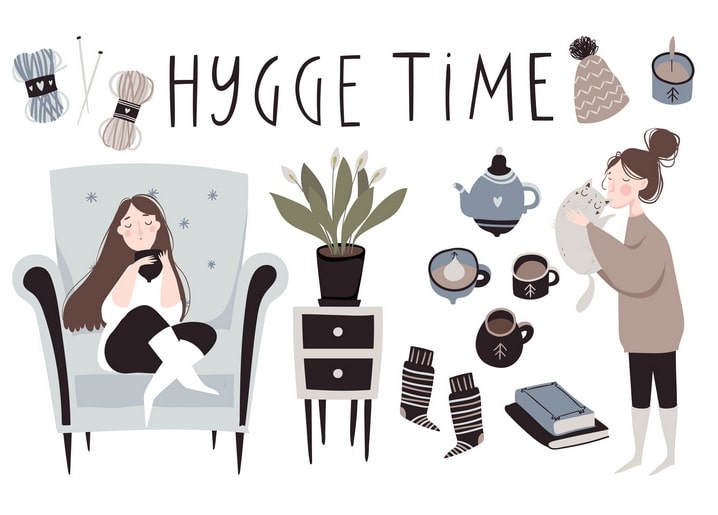 Hygge Time illustration set with girl in armchair, cat, teapot, knitting yarn and candle