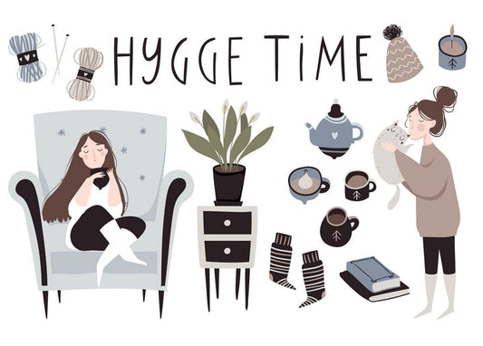 Hygge Time illustration set with girl in armchair, cat, teapot, knitting yarn and candle