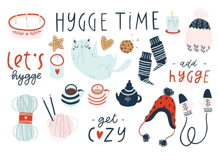 Flat-lay illustration of hygge items: sleeping cat, gingerbread cookie, candles, mittens, and tea, with 'Hygge Time' text.