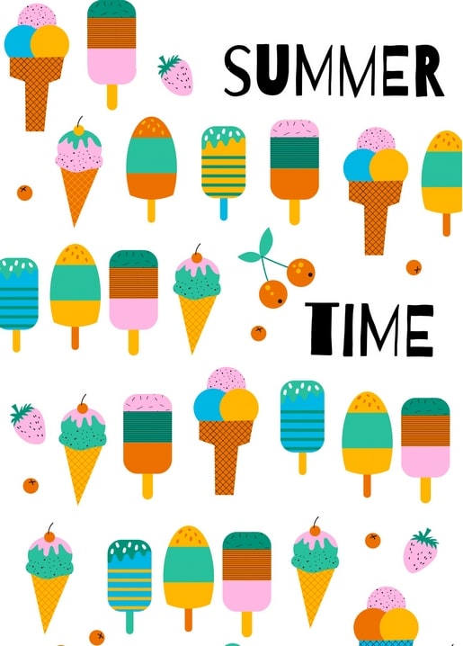 Pattern of ice cream cones, popsicles, strawberries, and cherries with Summer Time lettering