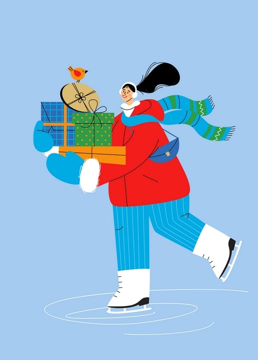 Illustrated ice skater carrying wrapped Christmas gifts with a small bird on top