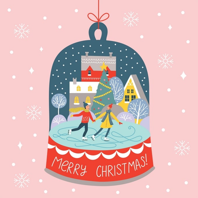 Ice-skating couple inside a glass snow globe with a lit Christmas tree and houses