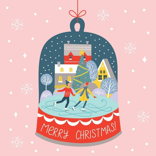 Ice-skating couple inside a glass snow globe with a lit Christmas tree and houses