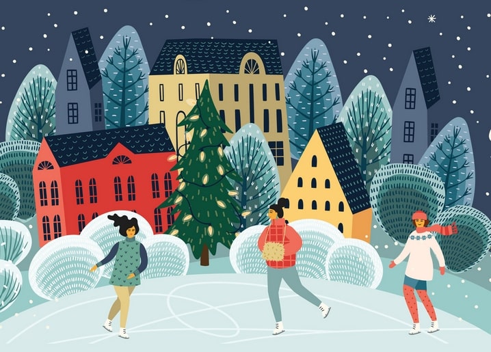 Three friends ice skating at night in front of a lit Christmas tree and snowy houses