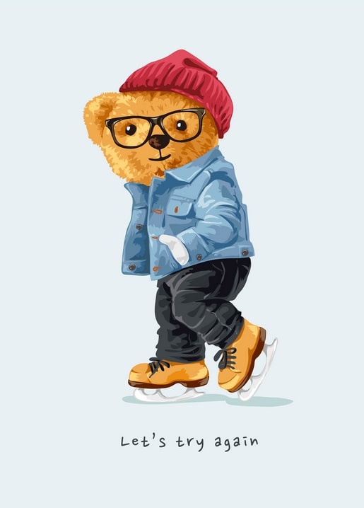 Teddybär im Hipster-Look mit roter Mütze läuft Schlittschuh