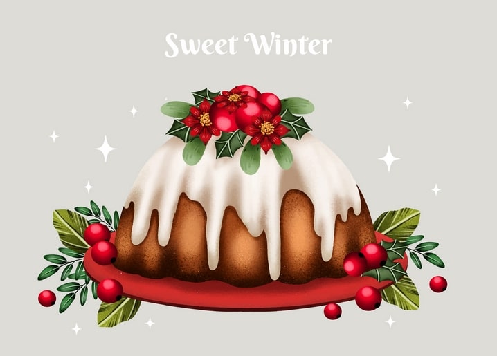 Goldener Gugelhupf mit weißem Zuckerguss, Stechpalme und roten Beeren