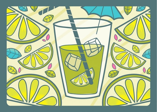 Iced green lemonade with lime, ice cubes and a blue cocktail umbrella, framed by lemon-slice pattern