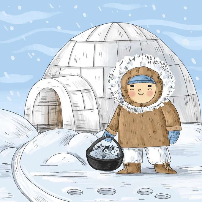 Illustriertes Kind im Fellparka mit Fischkorb neben einem schneebedeckten Iglu
