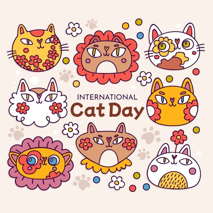 Eight illustrated cat faces with flowers for International Cat Day