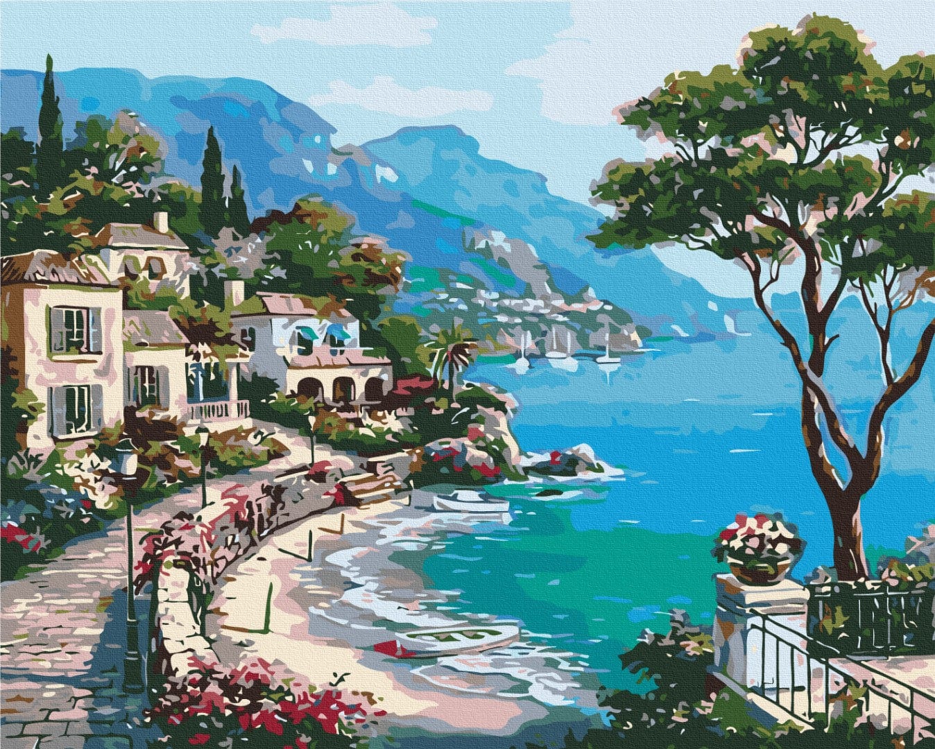 Mediterranean coastal promenade with turquoise bay, sailboats, and a shaded terrace, paint-by-numbers art