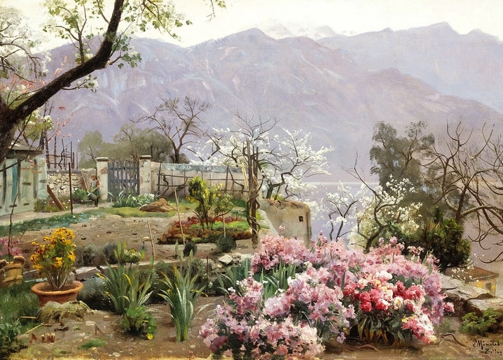 Blühender Terrassengarten mit rosa und weißen Blüten vor blassen italienischen Bergen, Gemälde von Mønsted