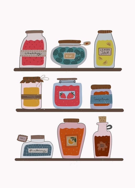 Illustrierte Regale mit neun Gläsern hausgemachter Marmelade, Honig und Sirup