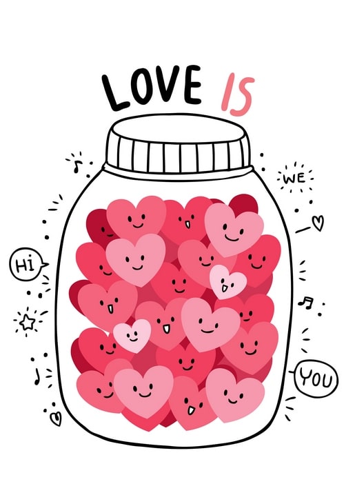 Скляна банка, наповнена усміхненими сердечками, під написом «Love is»