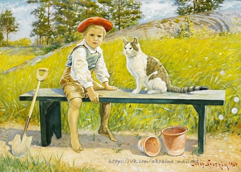 Jenny Nyström painting of a boy in a red cap sitting with a tabby cat on a garden bench, 1904