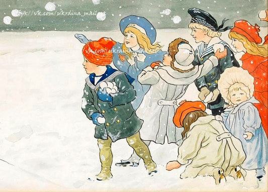 Junge im grünen Mantel mit zwei Schneebällen vor einer Reihe Mädchen, Illustration von Jenny Nyström