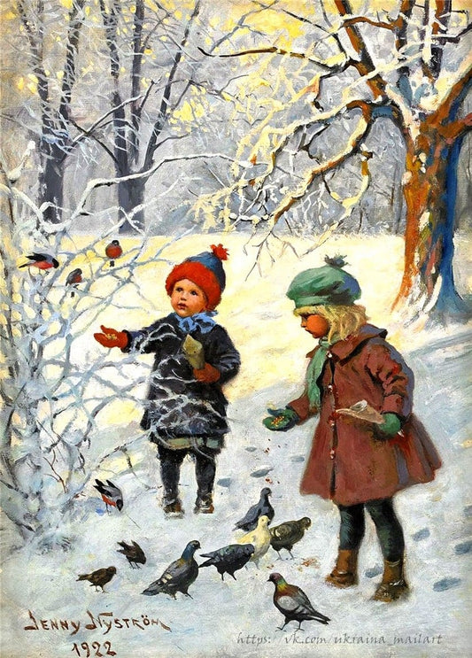 Jenny Nyström: Kinder füttern Dompfaffen und Tauben im Winter, 1922
