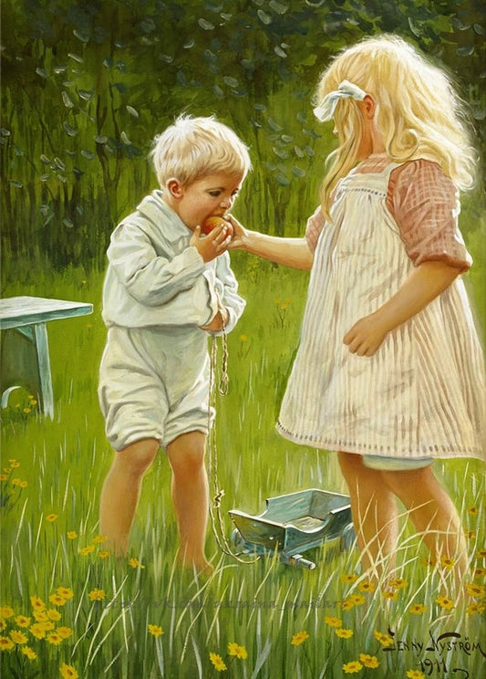 Jenny Nyström, 1911: Mädchen reicht einem Jungen eine Frucht auf einer Wiese mit gelben Blumen