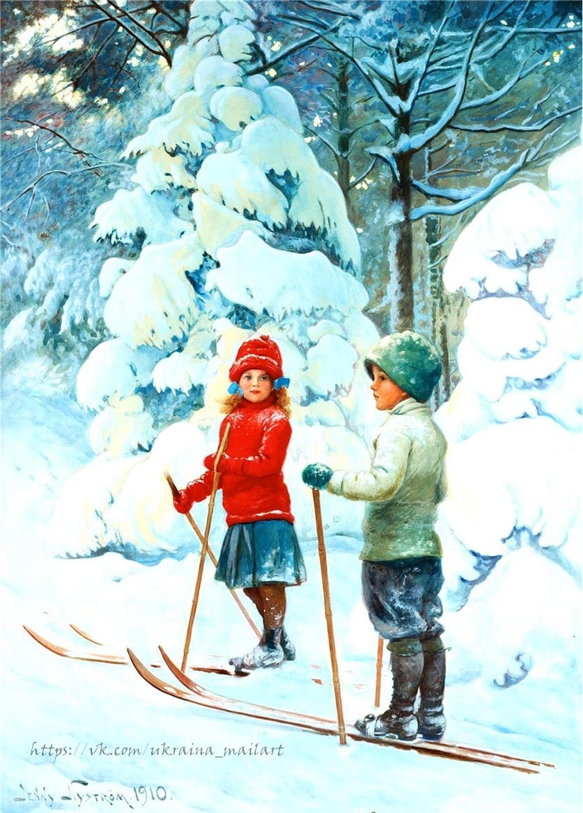 Дженні Нюстрем: дівчинка і хлопчик на лижах у зимовому лісі, 1910
