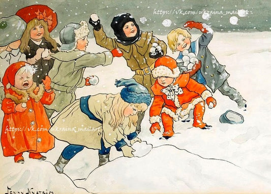 Sieben Kinder in wilder Schneeballschlacht, Kleinkind im roten Schneeanzug am Rand, Aquarell von Jenny Nyström