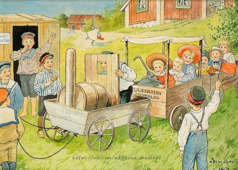 Jenny Nyström painting of children playing train with wagons in a Swedish village, 1909