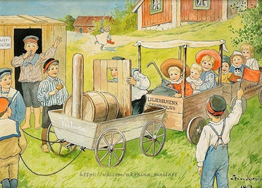 Gemälde von Jenny Nyström: Kinder spielen Eisenbahn mit Wagen in einem schwedischen Dorf, 1909