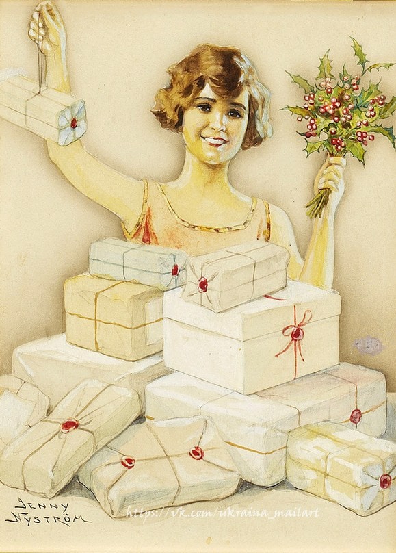 Jenny Nyström: lächelnde Frau taucht aus verpackten Weihnachtsgeschenken auf, Stechpalme in der Hand