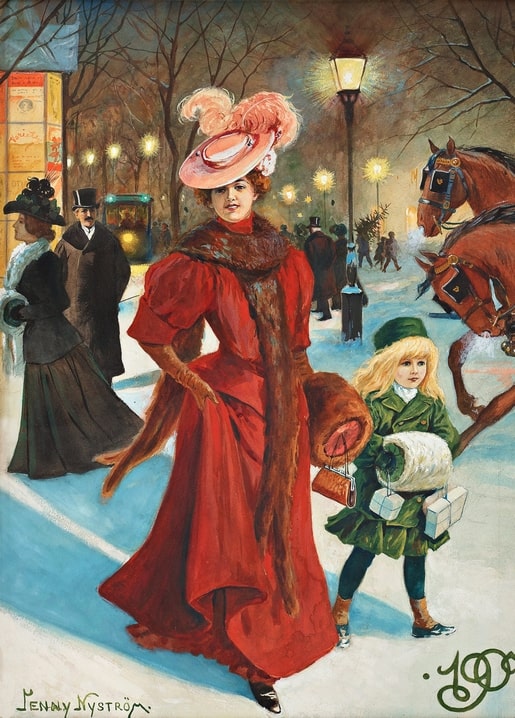 Jenny Nyström illustration of a woman in a red fur coat and feathered hat on a city street, 1909