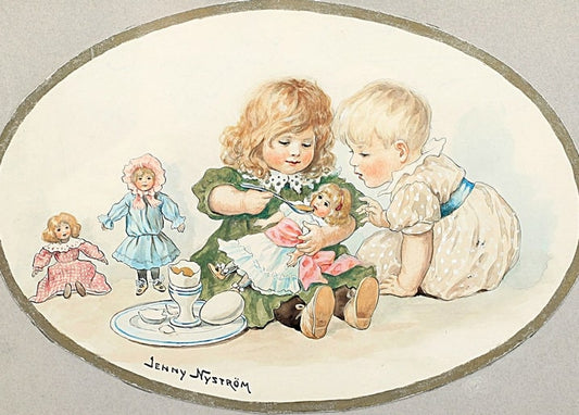 Girl in a green dress spoon-feeding a doll an egg, baby watching, two dolls on the floor, illustration by Jenny Nyström