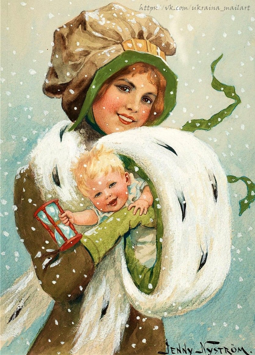 Jenny Nyström: young woman holding New Year baby with red hourglass in snow