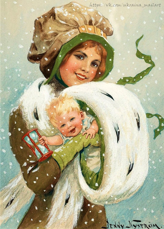 Jenny Nyström: junge Frau mit Neujahrsbaby und roter Sanduhr im Schnee