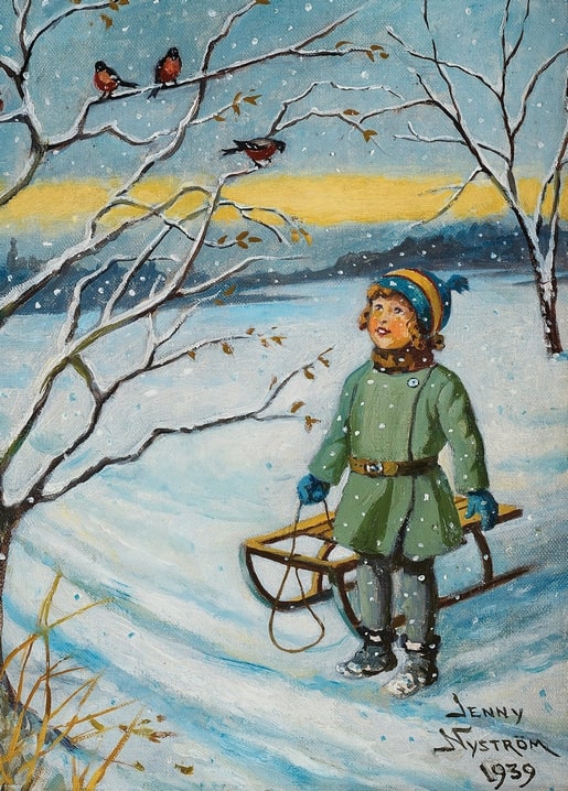Jenny-Nyström-Postkarte 1939: Kind mit gestreifter Mütze zieht Schlitten in der Dämmerung, Gimpel auf Zweigen