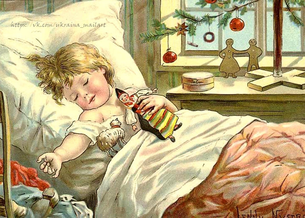 Jenny Nyström Christmas postcard: curly-haired child asleep with a toy soldier, gingerbread figures on the windowsill