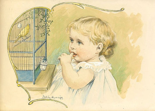 Illustrierte Postkarte: Kleinkind blickt auf gelben Kanarienvogel im Jugendstil-Käfig