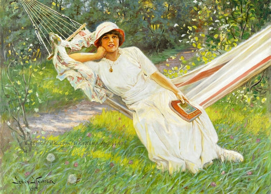 Jenny Nyström painting of a woman in white reading a book in a garden hammock, 1919