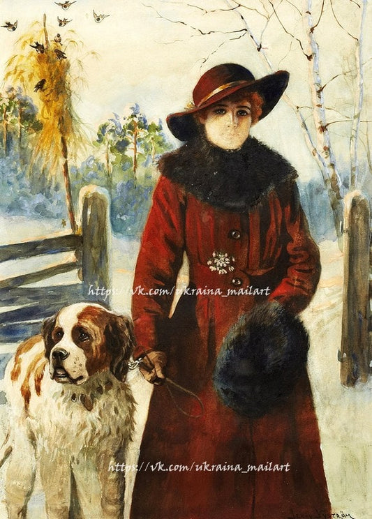 Jenny Nyström watercolor of a woman in a burgundy coat walking a Saint Bernard through snow, birches behind them