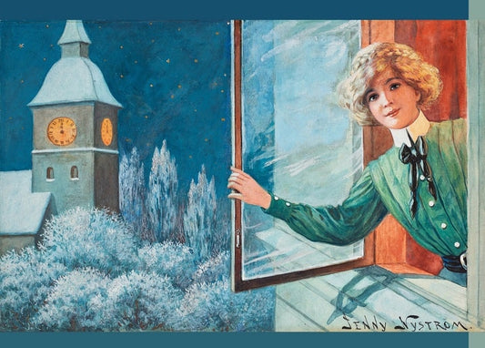 Illustrated postcard: woman in green leaning from a window at midnight beside a glowing church clock tower